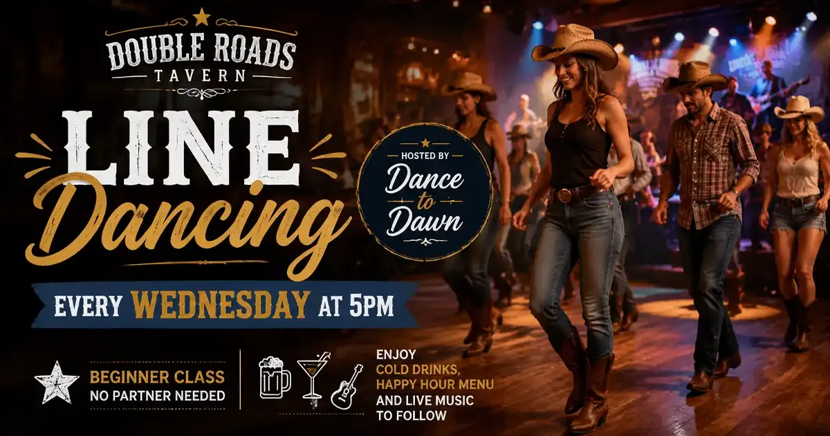 People line dancing at a lively event in a tavern.