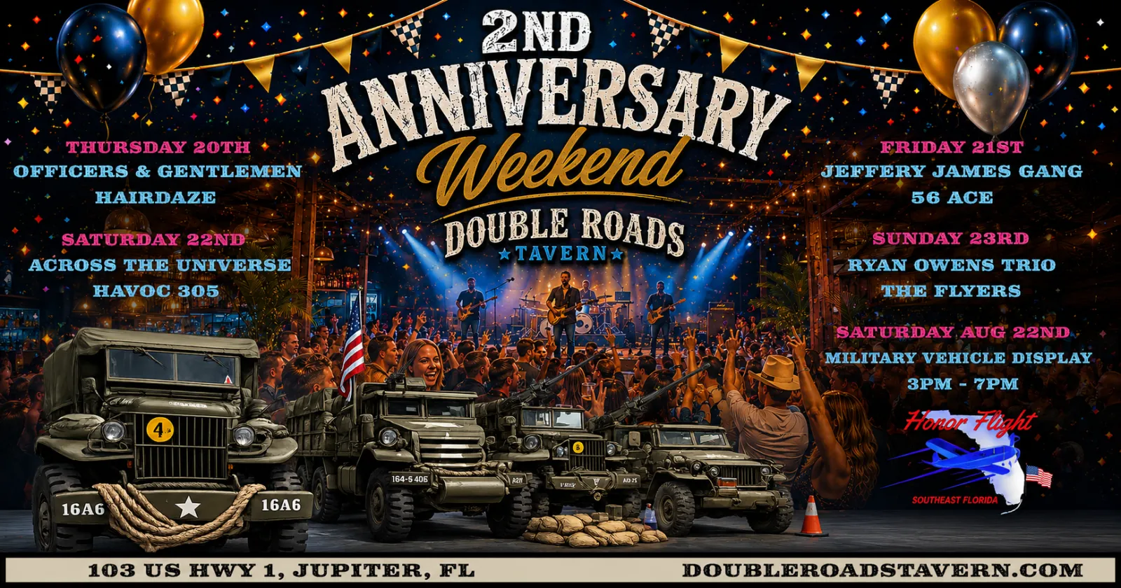 A lively scene at Double Roads Tavern during their anniversary celebration with live music and people enjoying food and drinks.