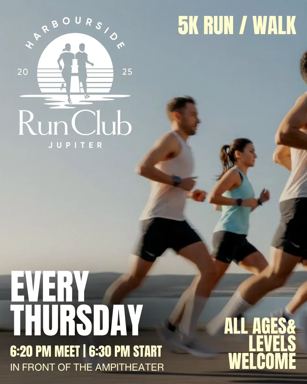 People running or walking in a group at Harbourside Place.