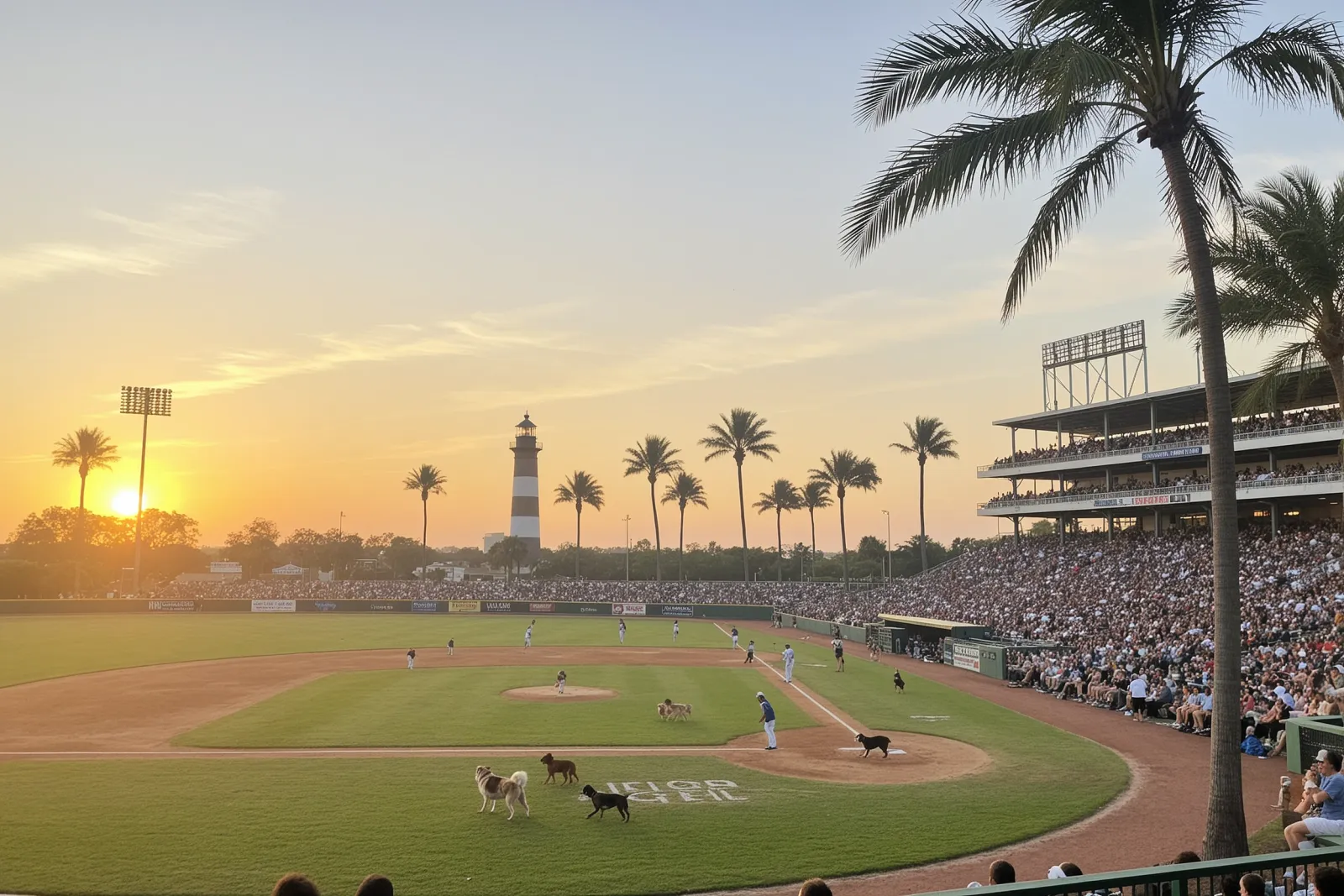 Dogs and their owners enjoying a baseball game at Roger Dean Stadium.