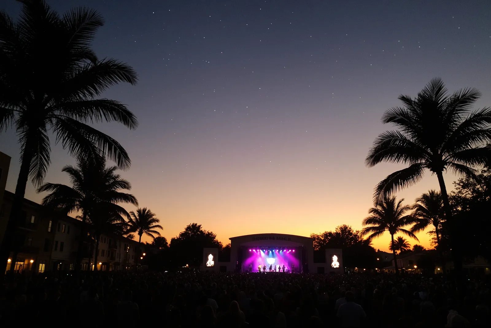 A concert stage set up for a classic rock tribute performance at the Abacoa Amphitheater.