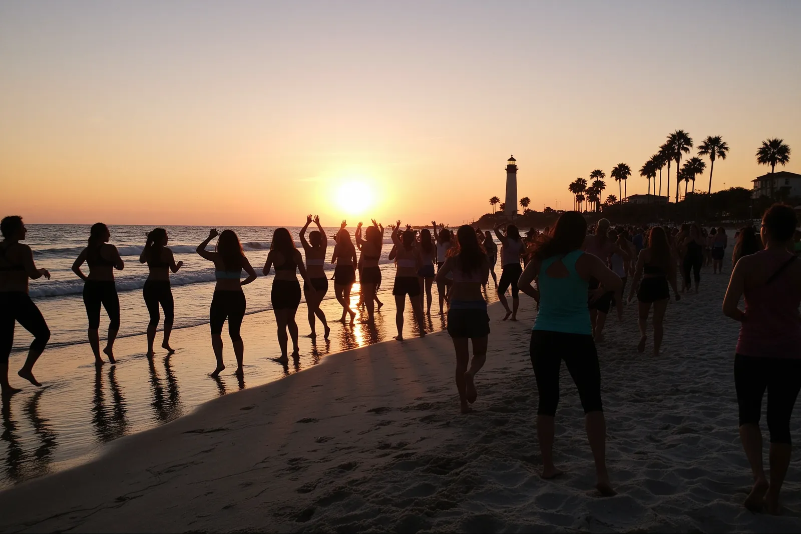 People dancing energetically in a Zumba fitness class.