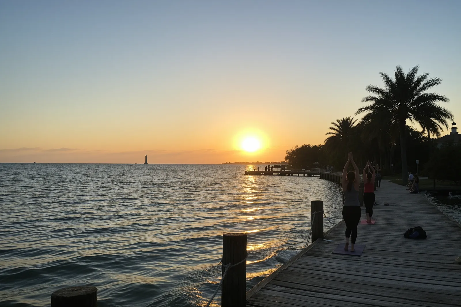 People practicing yoga on a dock by the water