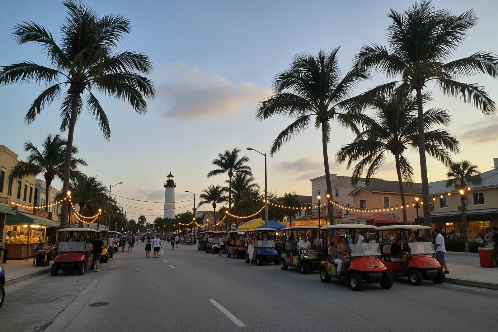 A scene from Golf Cart Night with decorated golf carts, food vendors, and people enjoying the event.