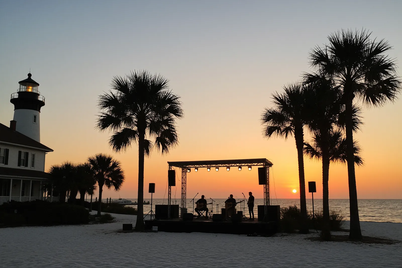 A live acoustic performance on a waterfront stage with palm trees and the Jupiter Lighthouse in the background.