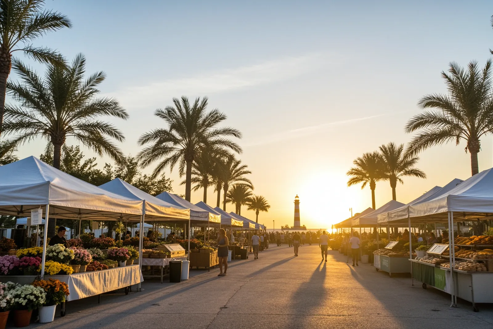 A bustling outdoor market with vendors selling flowers, coffee, and baked goods.