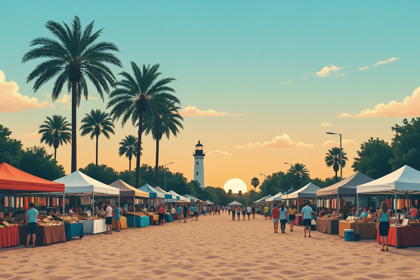 A bustling market scene with vendors and shoppers at Carlin Park.