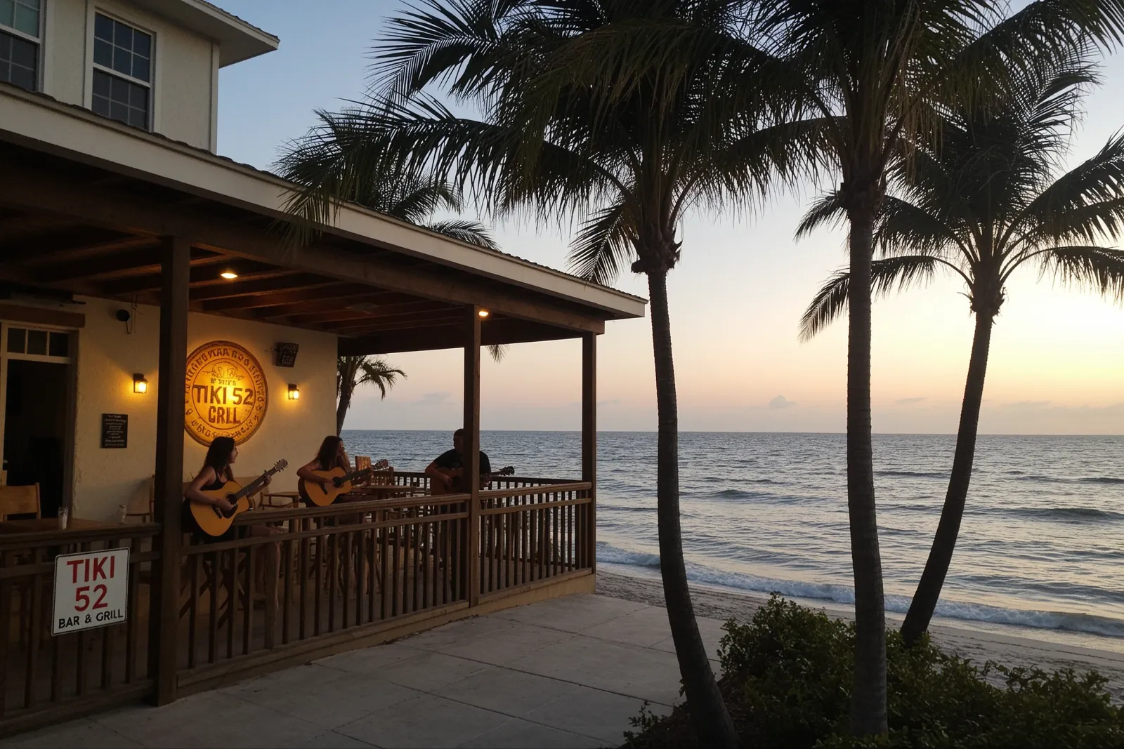 Kellie and Steve performing an acoustic set on a stage at Tiki 52 Bar & Grill.