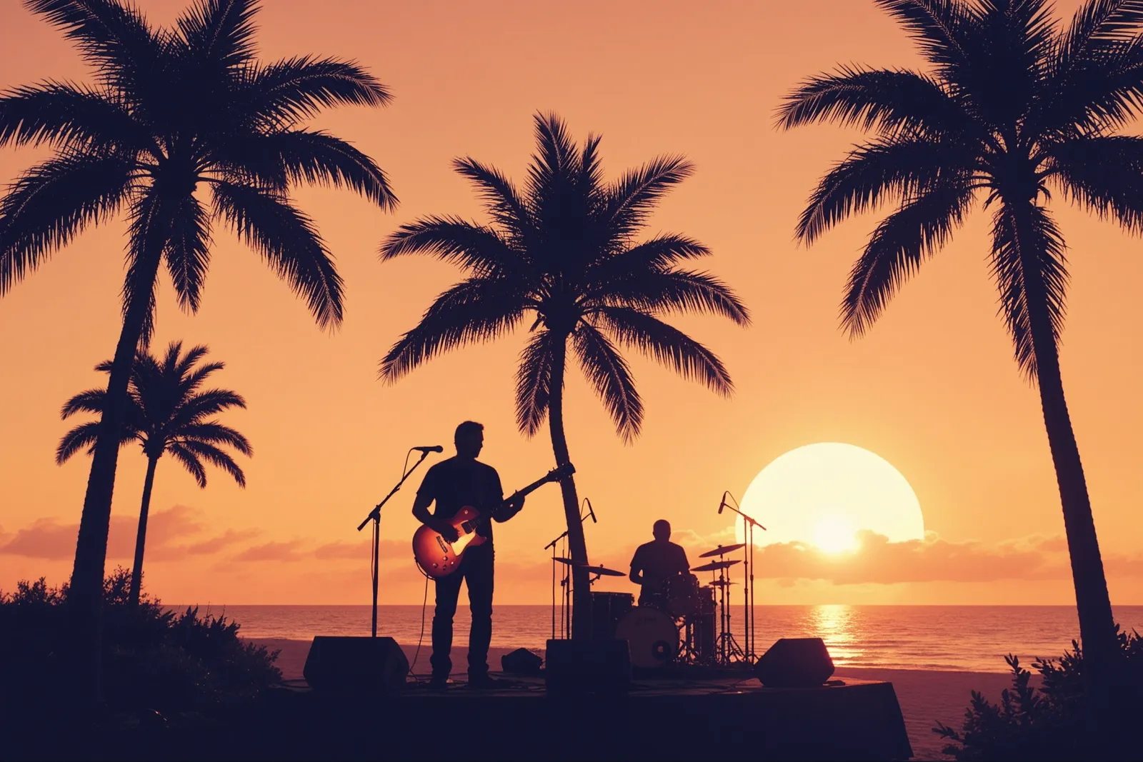 Musician performing live on an outdoor stage during sunset