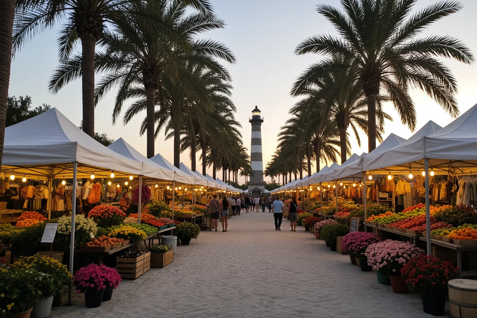 A bustling outdoor market with stalls selling fresh produce, flowers, and handmade goods.