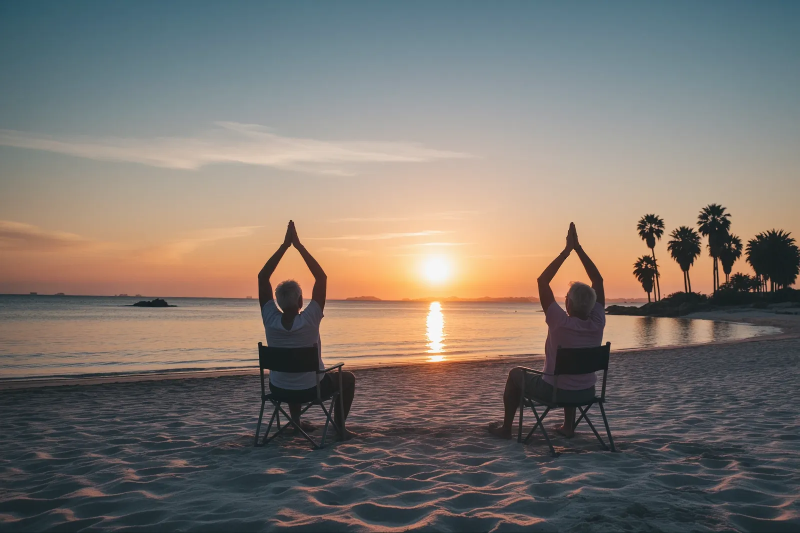 A group of people practicing yoga while seated in chairs.