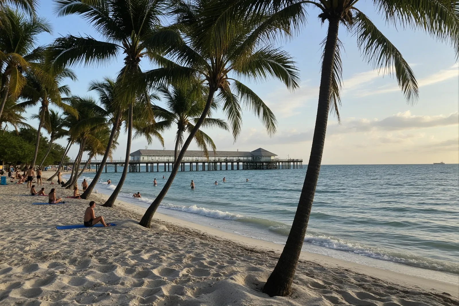 People participating in yoga and beach games at Juno Beach Pier during sunset.