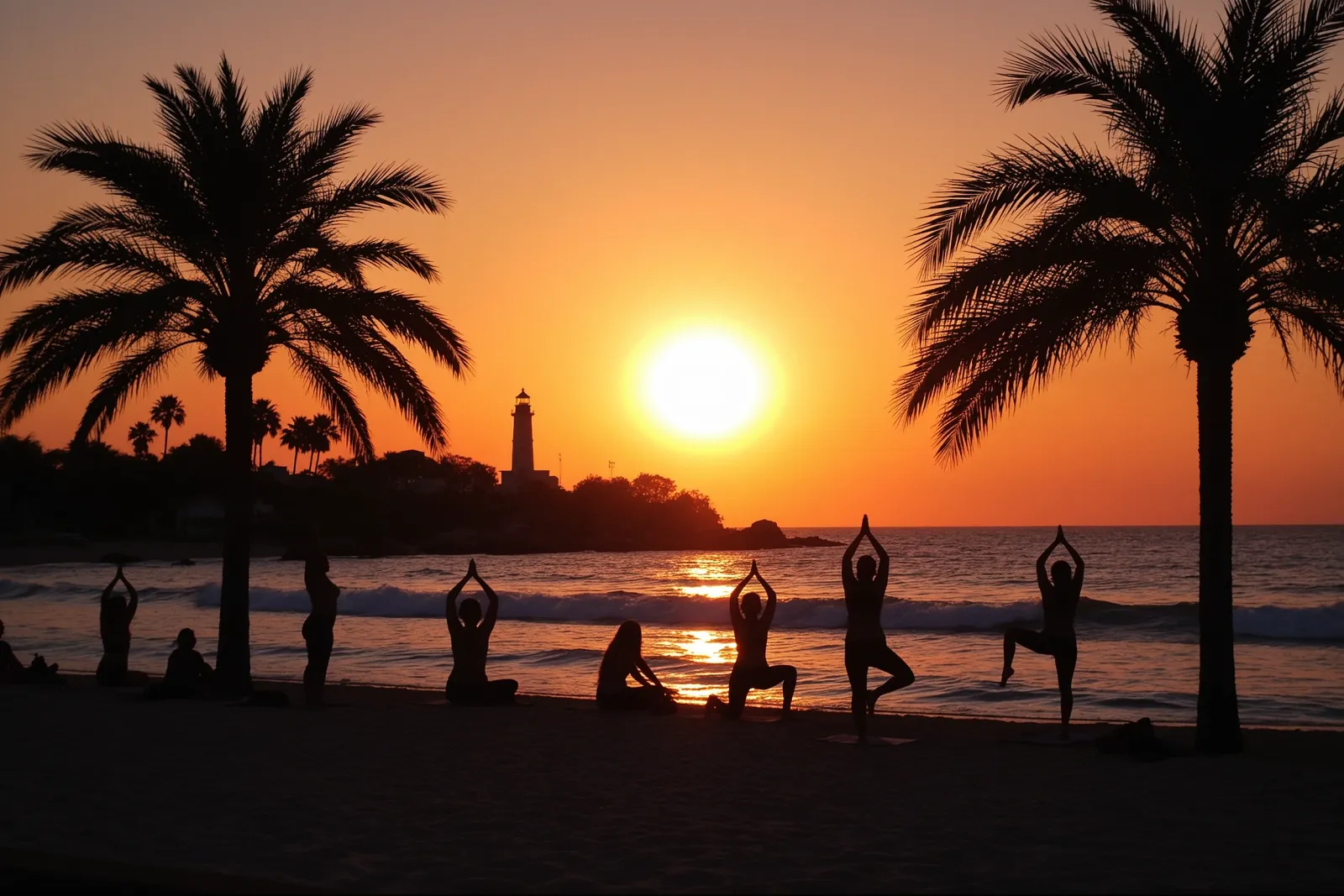 People practicing meditation and yoga in an outdoor park setting.