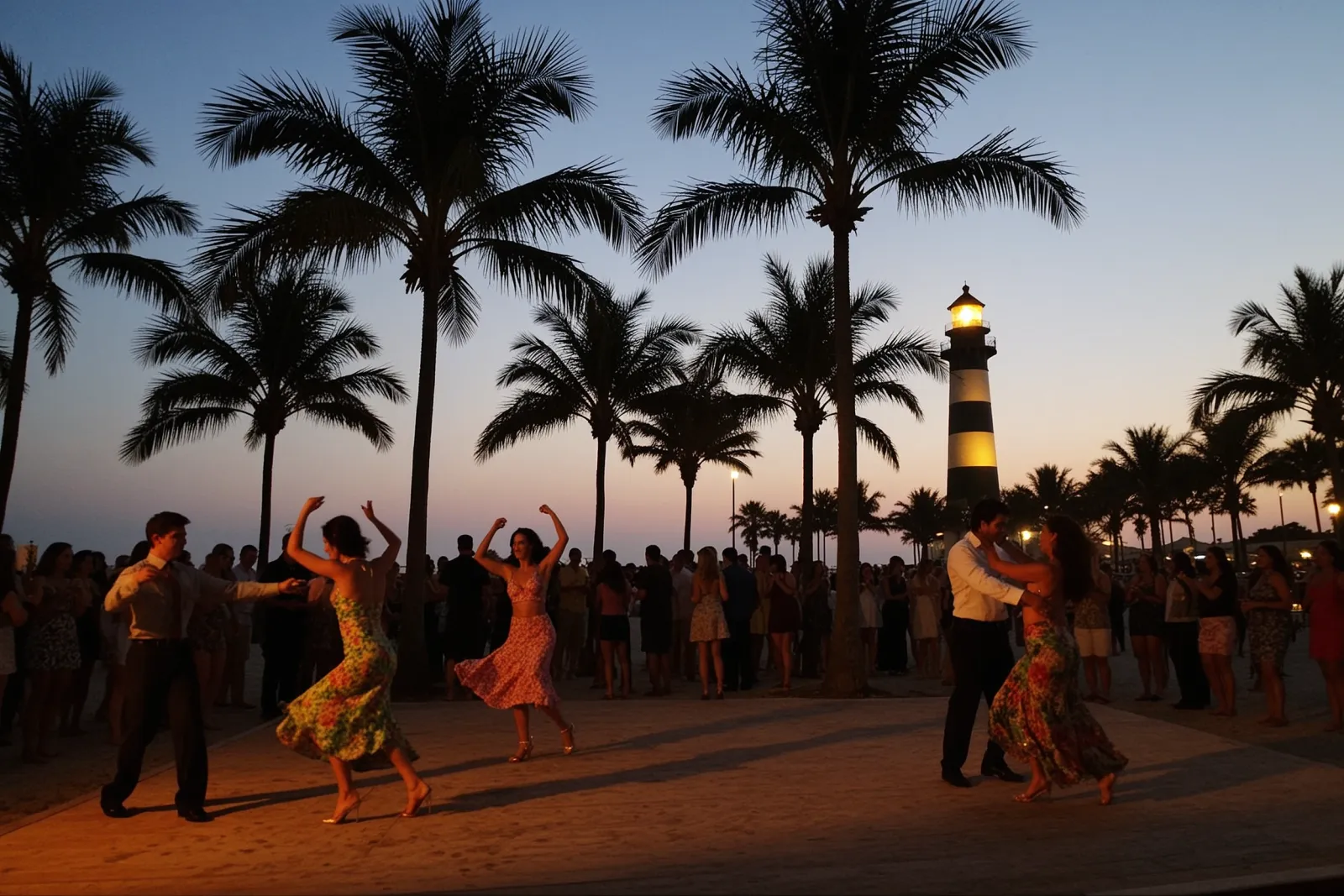 People dancing salsa in a well-lit room with instructors leading the class