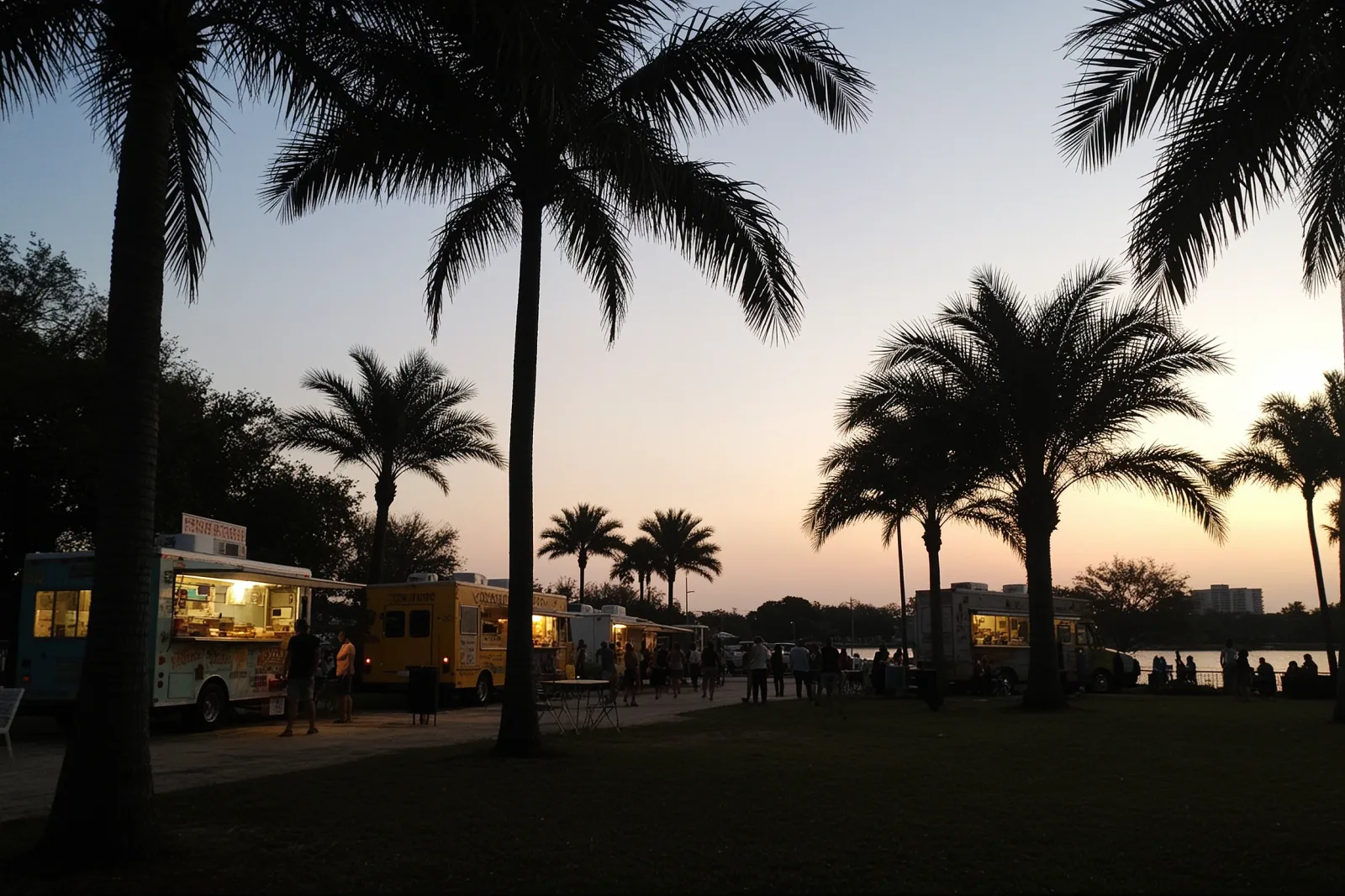 A vibrant outdoor food truck event with people enjoying various foods and live music.