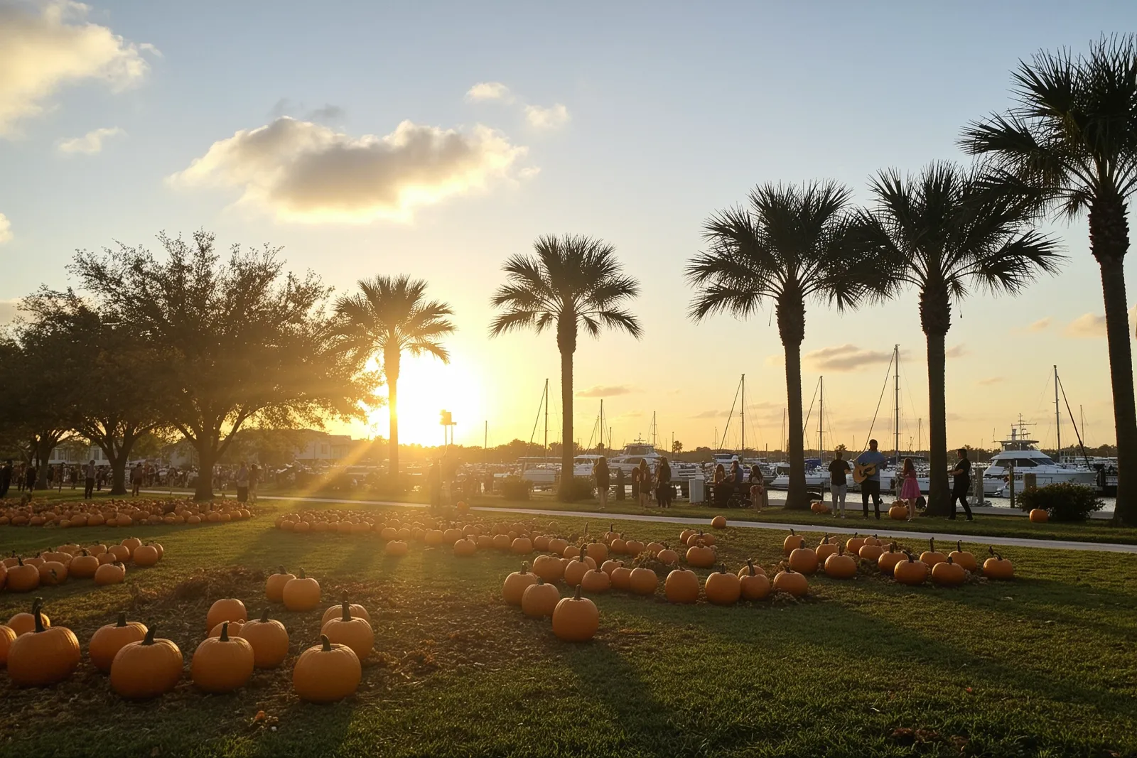 A lively waterfront festival with live music, a pumpkin patch, and families enjoying fall activities.