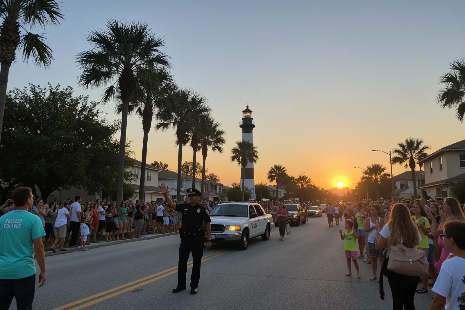 A community parade with participants and law enforcement during National Night Out in Jupiter.