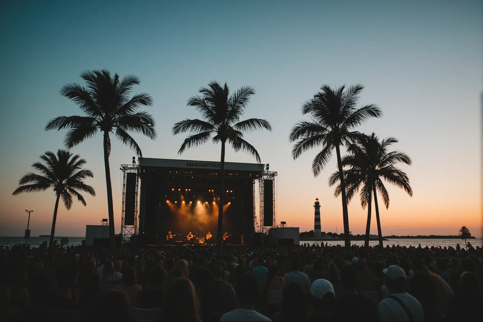 Palm trees framing an amphitheater stage with a lighthouse silhouette at sunset.
