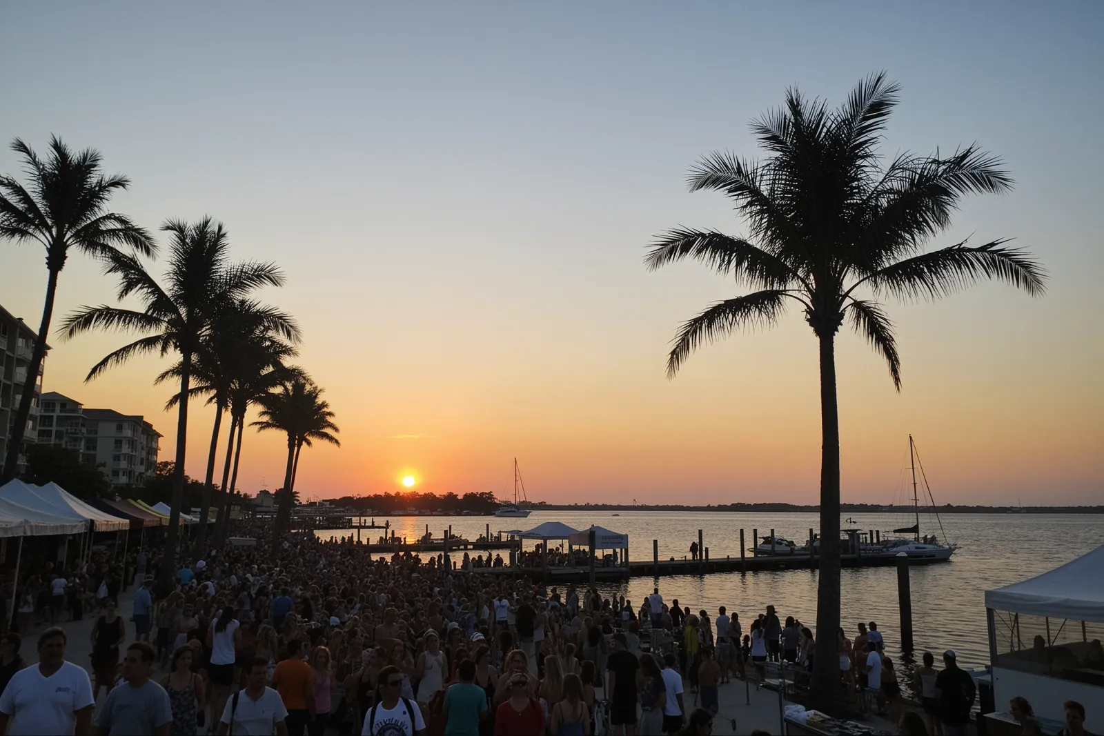 A lively outdoor music festival with stages, vendors, and people enjoying the waterfront.