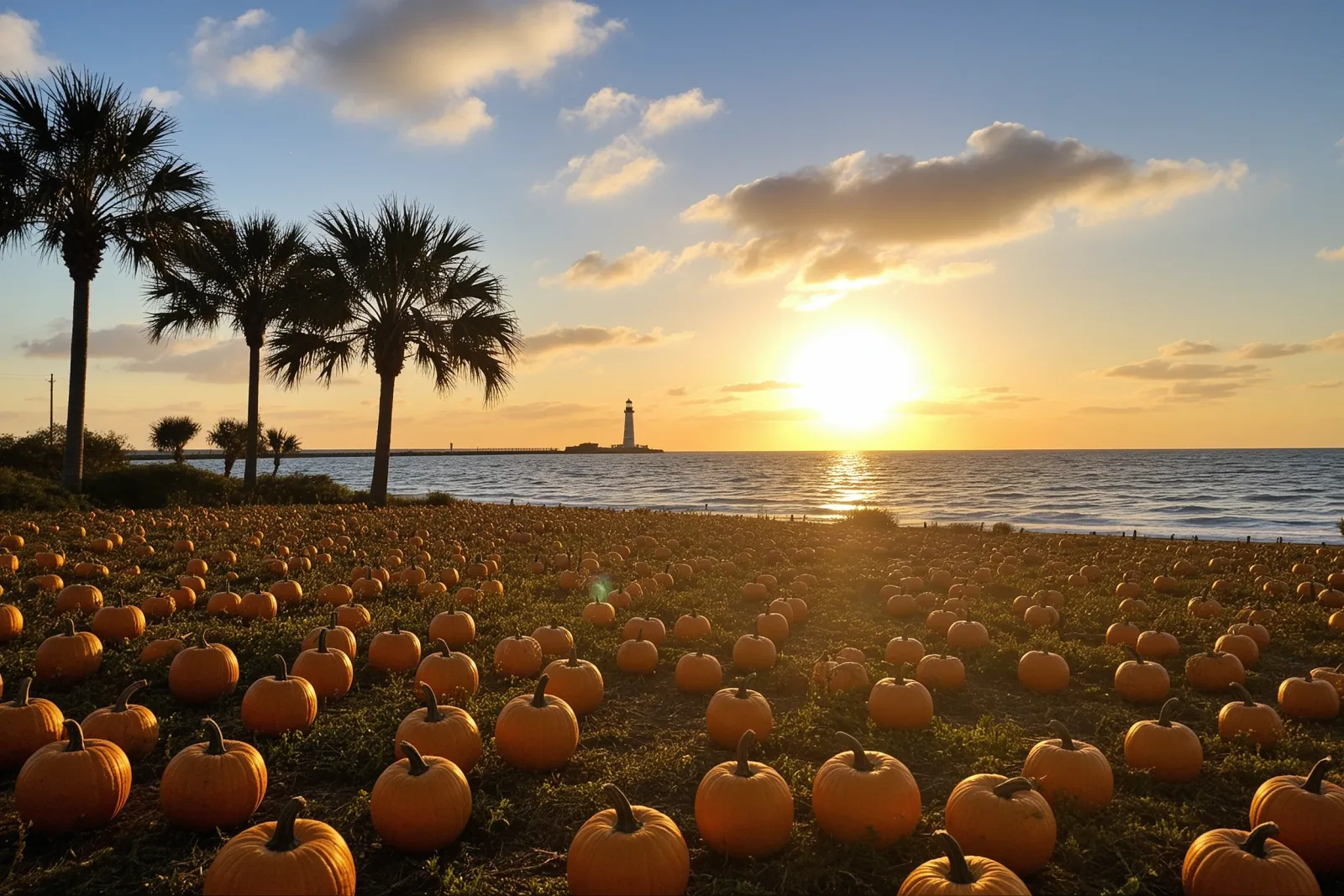 A large pumpkin patch with families and children picking pumpkins on a sunny day.