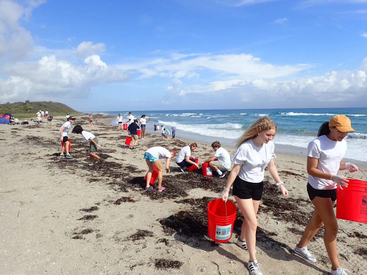 Volunteers cleaning up trash on a beach.
