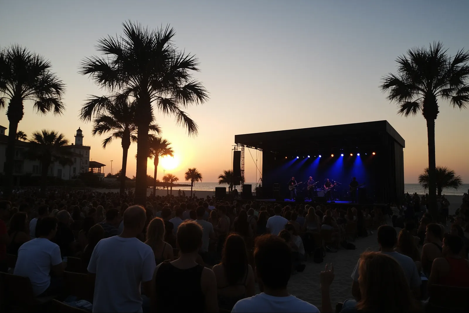 A tribute band performing on stage at the Abacoa Amphitheater.