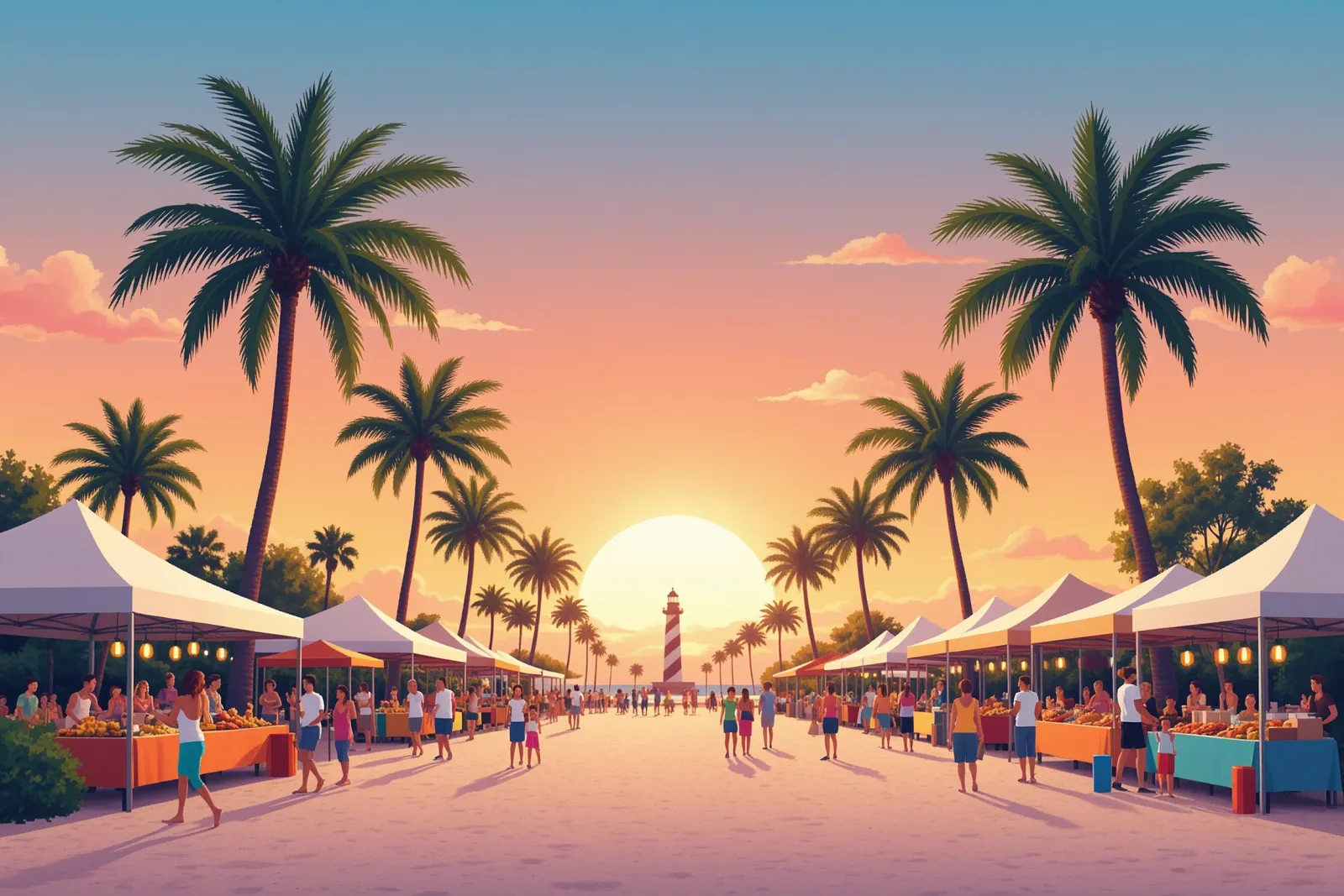 A bustling outdoor market with vendors and visitors at Carlin Park.