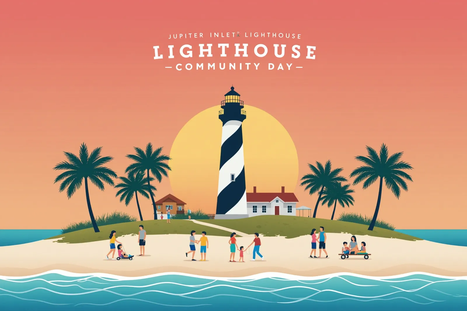 A view of the Jupiter Inlet Lighthouse with families enjoying activities and demonstrations.