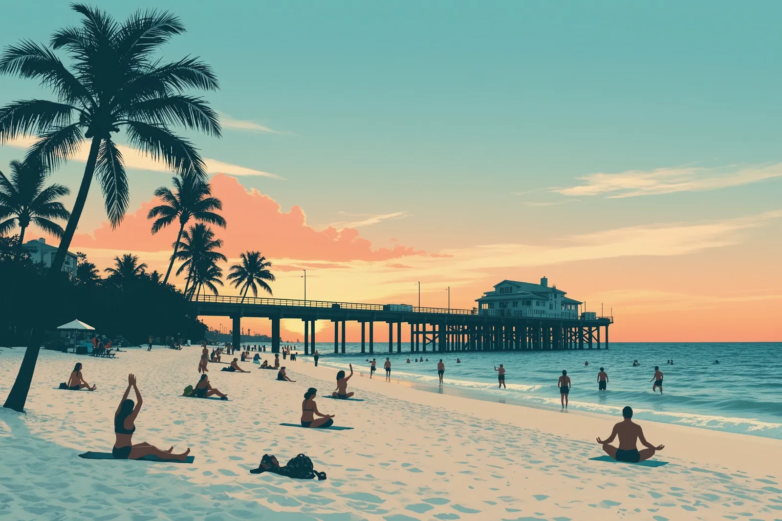 People enjoying yoga, beach games, and sunset views at Juno Beach Pier