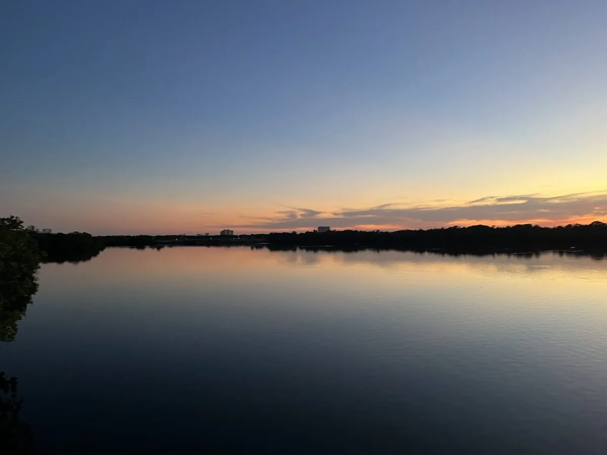 Kayakers paddling through an estuary at sunset.