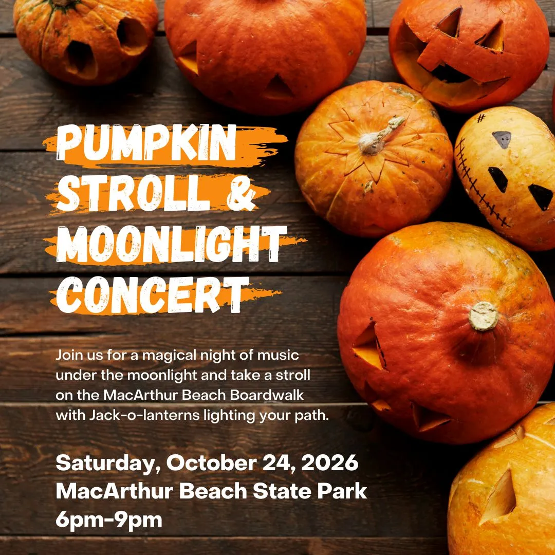 A pumpkin-lit boardwalk at John D. MacArthur Beach State Park during an evening event.