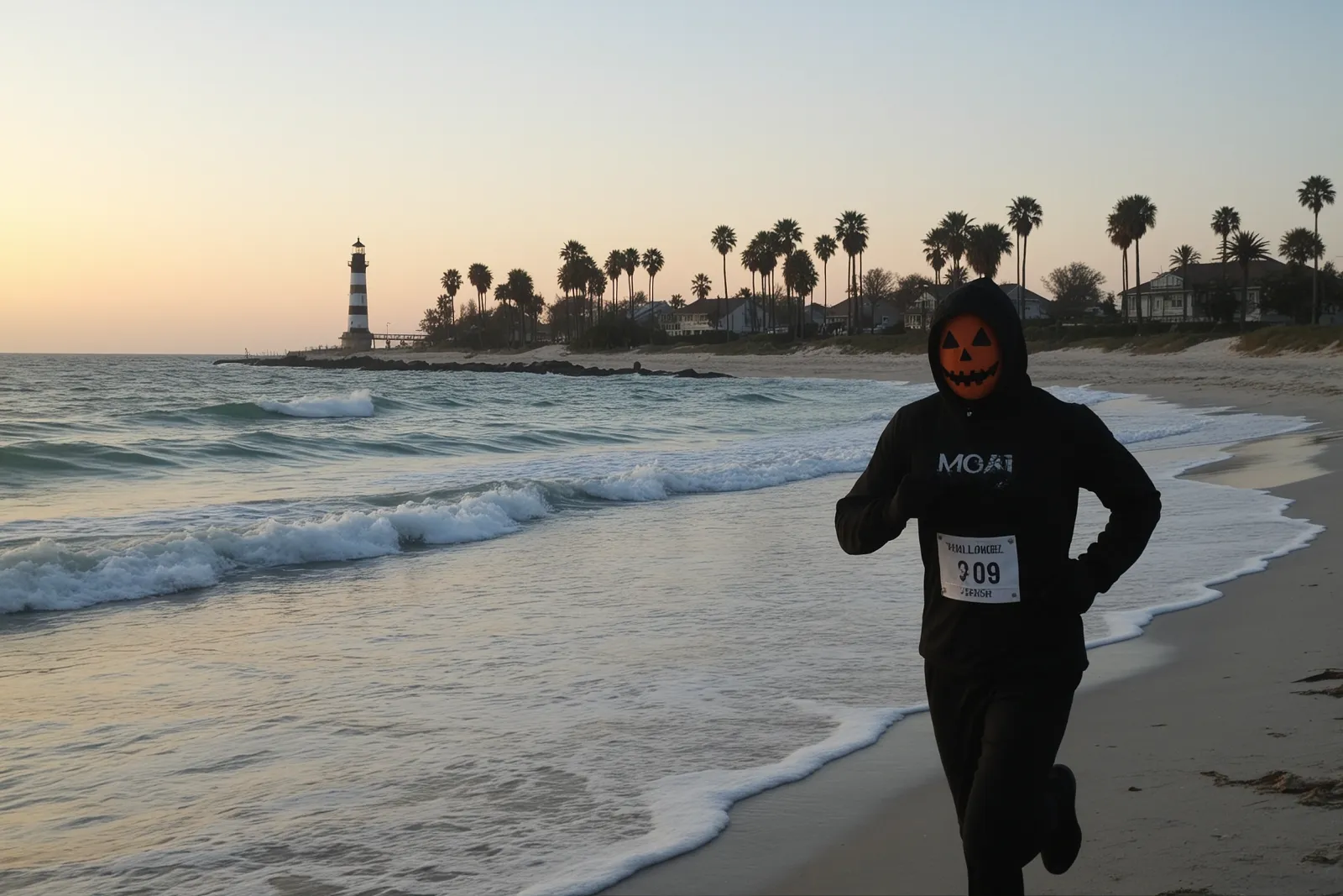 Runners participating in a Halloween-themed race along Stuart Beach.