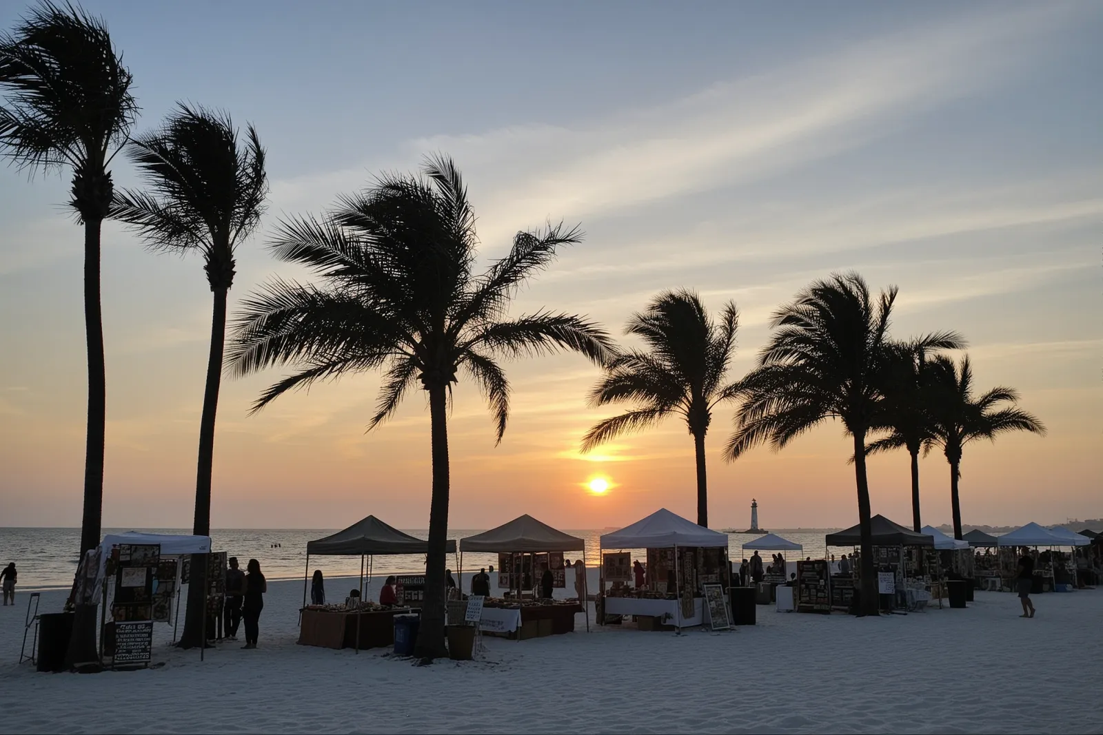 A vibrant outdoor craft festival with vendors displaying handmade arts and crafts along the oceanfront.