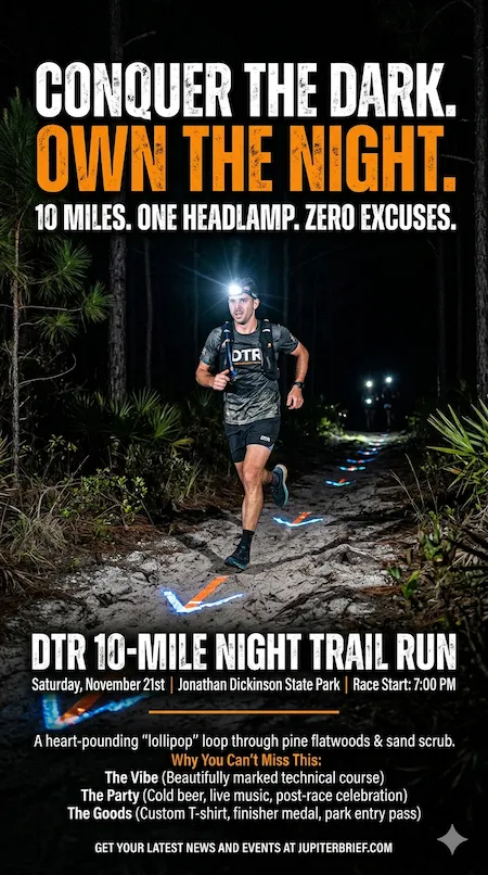 Runners with headlamps navigating a nighttime trail in a forest.