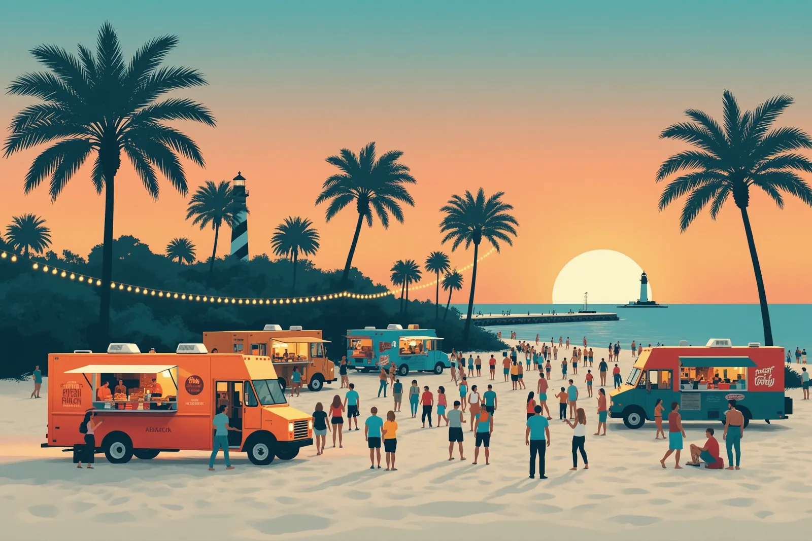 A lively outdoor scene with food trucks and people enjoying live music at Abacoa Amphitheater.