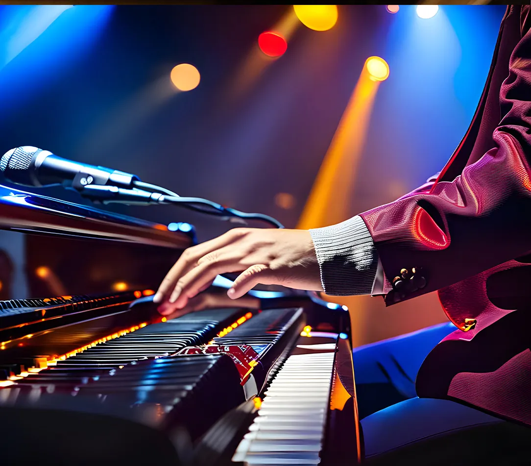 Two pianists performing holiday songs on stage at the Maltz Jupiter Theatre.