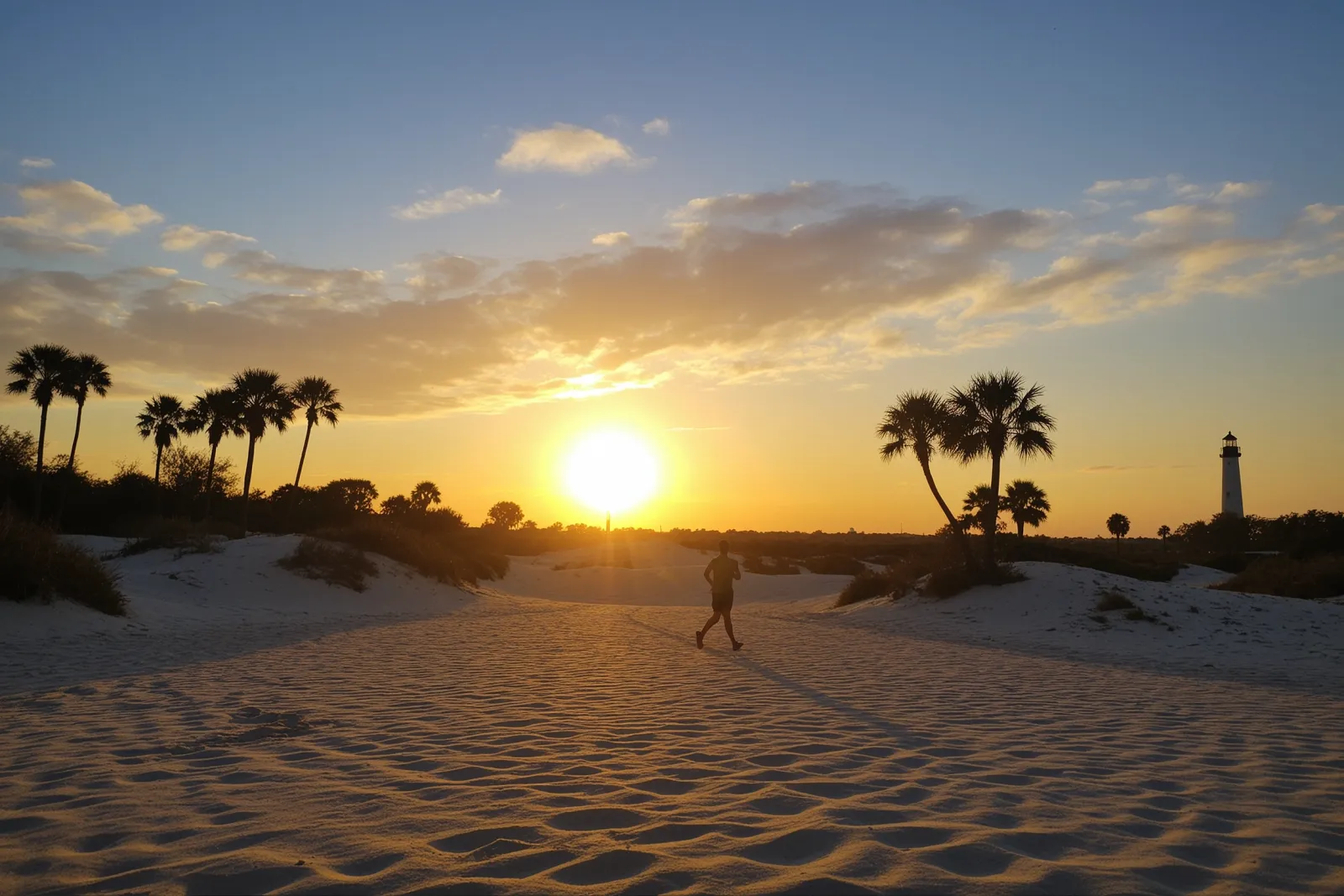 Runners navigating through coastal sand dunes during a trail race.