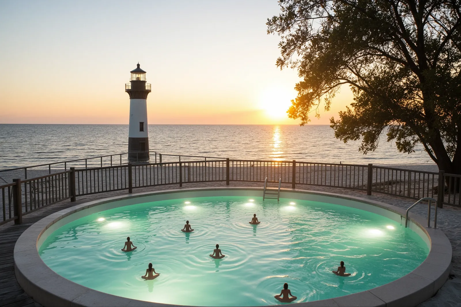 People relaxing on the Jupiter Lighthouse deck during a sound bath event.