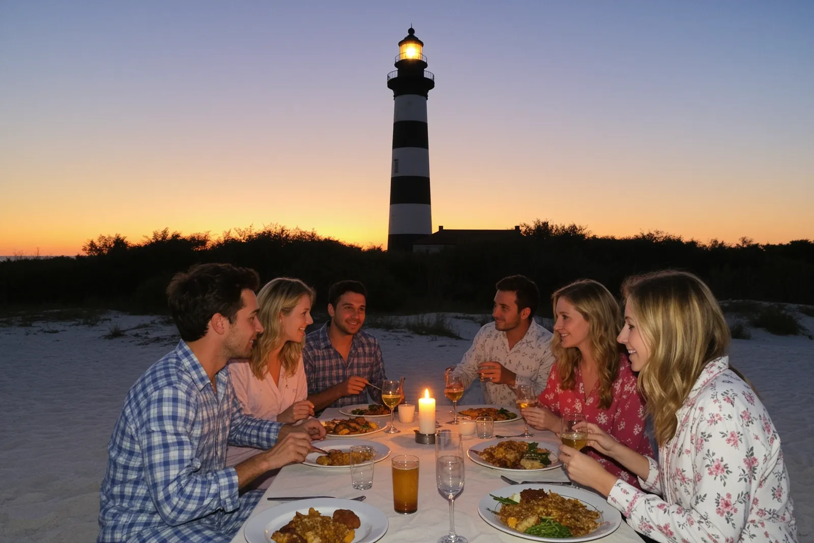A group of people in pajamas enjoying a dinner party.