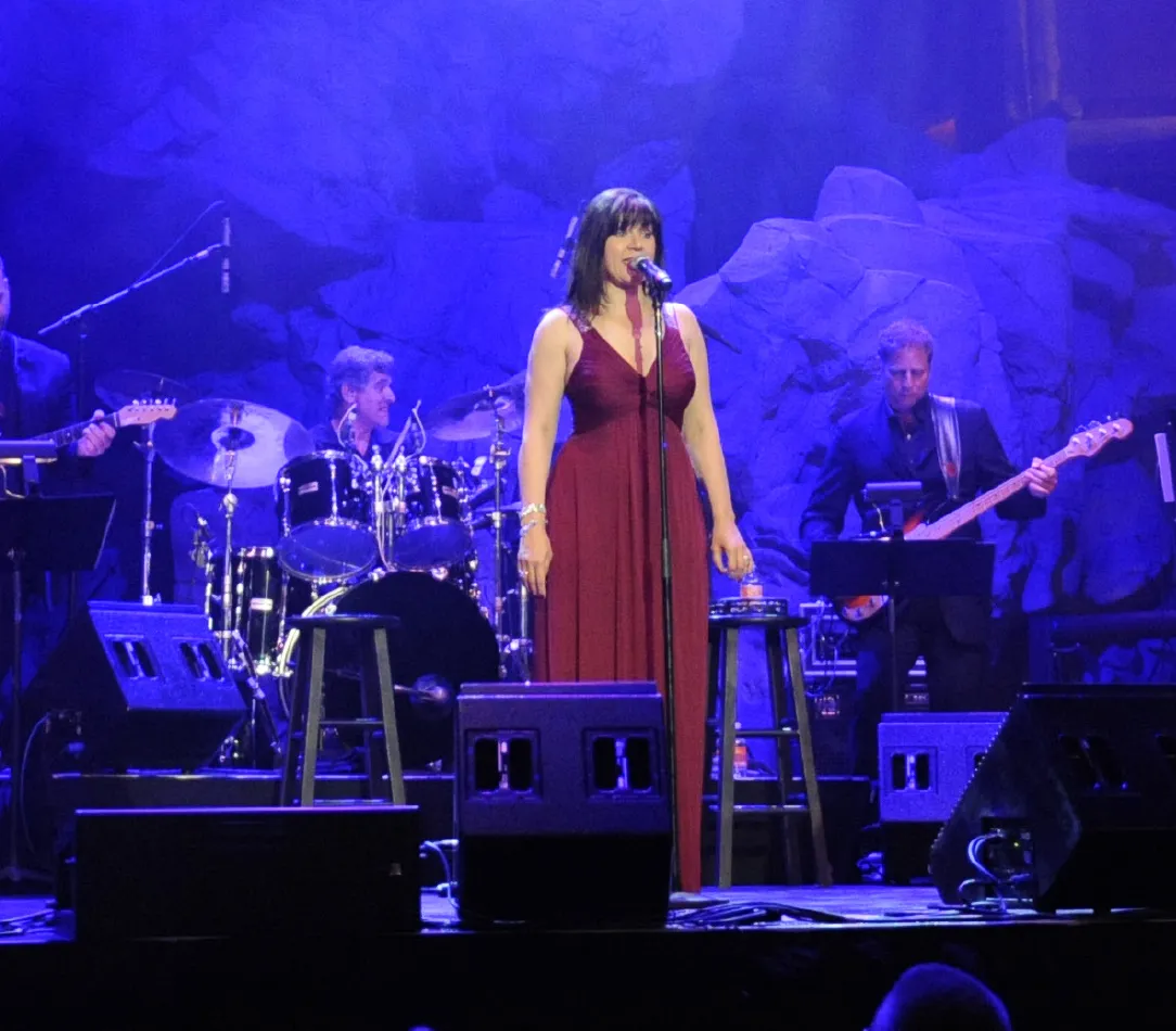 A stage performance featuring a singer paying tribute to the Carpenters.