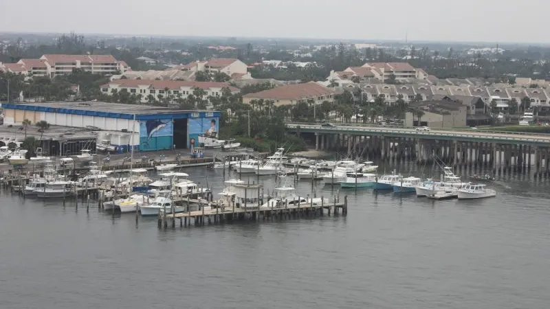 Boats docked at a marina at the Jupiter Inlet.